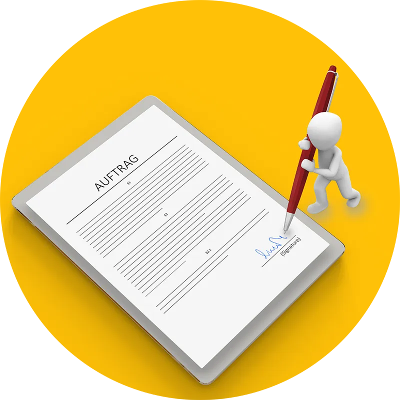 Illustration: a small white figure signing an order form on a tablet with a ballpoint pen
