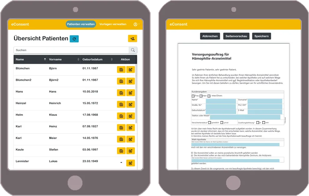 Two tablets running eConsent: on the left, the patient overview as a searchable table with last name, first name, and date of birth; on the right, a fillable supply agreement for hemophilia medications with the buttons Cancel, Page Preview, and Save