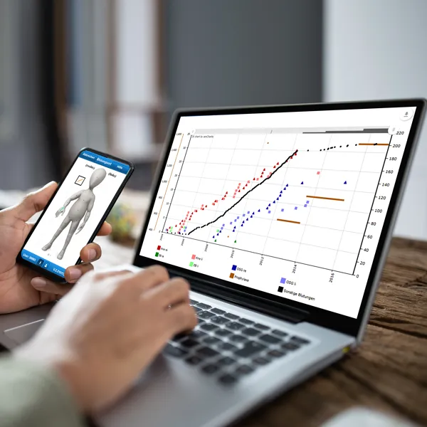 Laptop showing the factor level history chart, next to it a smartphone with the eDiary app