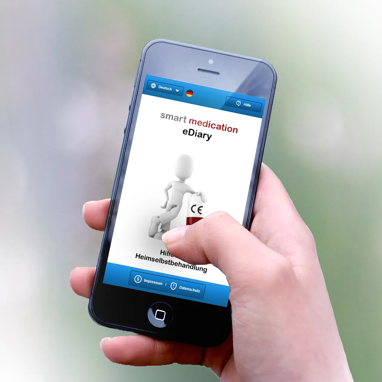 Hand holding a smartphone showing the start screen of the smart medication eDiary app