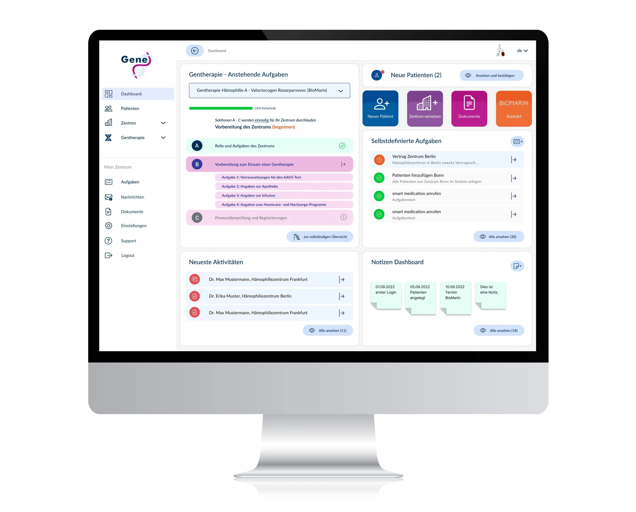 Screen showing the Gene dashboard: on the left, the navigation with dashboard, patients, centers, and gene therapy; in the middle, the upcoming tasks of a gene therapy in sections A to C with a progress bar at 21 percent; on the right, new patients, self-defined tasks, and a notes area.