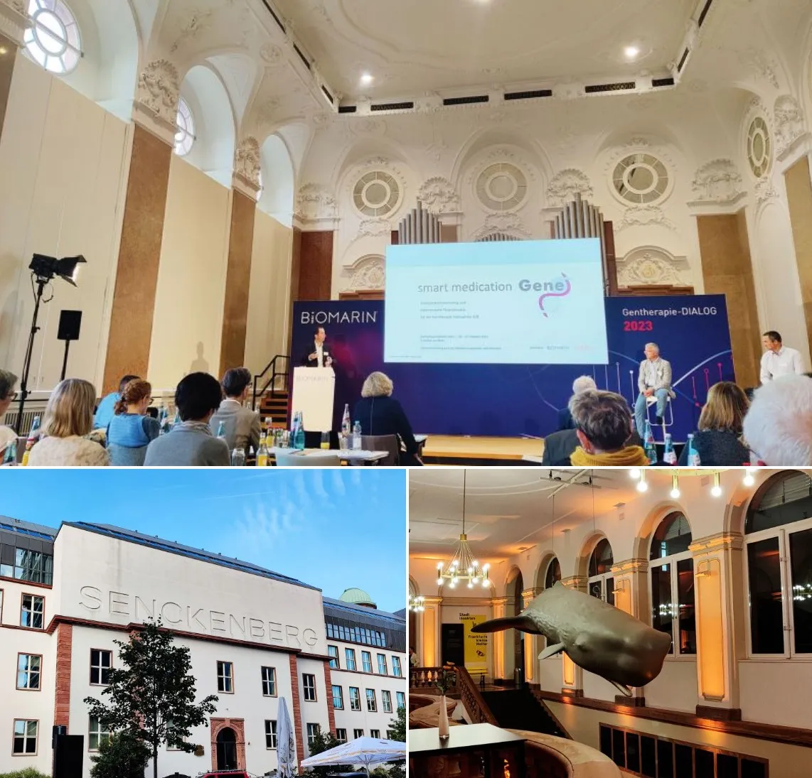 Man sieht eine Collage aus drei Bildern der Veranstaltung. Das obere Bild zeigt den Vortrag von David Schmoldt zu smart medication gene, darunter sieht man Bilder der Senckenberganlage von außen und innen mit Walfisch Exponat