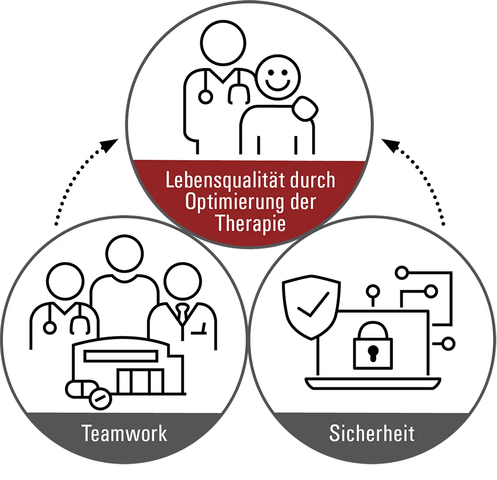 Three interconnected circles: quality of life through therapy optimization, teamwork, and security
