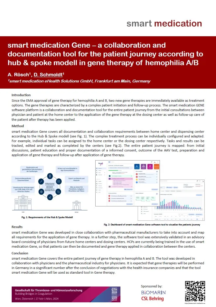 Poster “smart medication Gene – a collaboration and documentation tool for the patient journey according to hub & spoke model in gene therapy of hemophilia A/B”, presented at GTH 2024 in Vienna