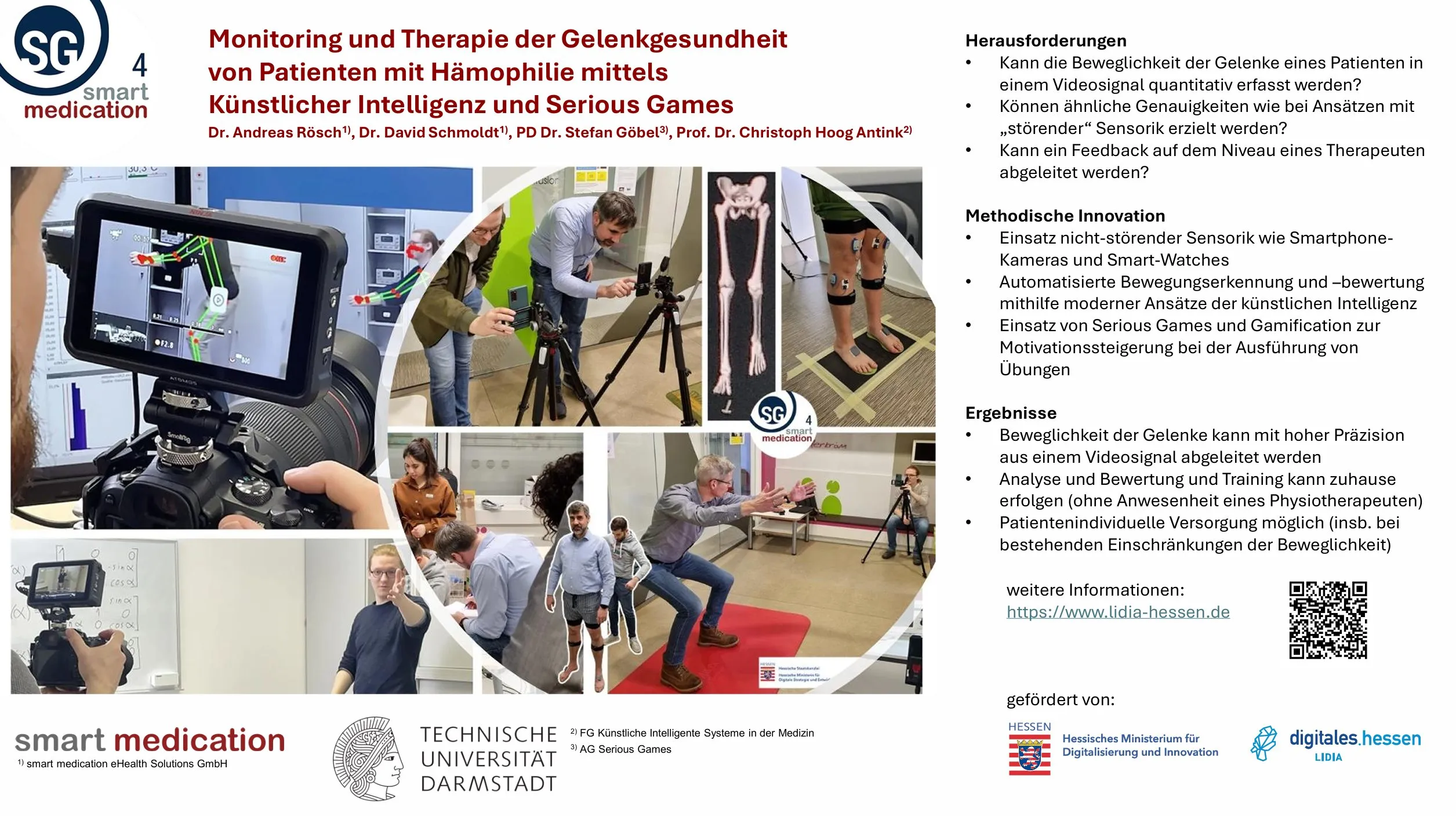 Poster “Monitoring und Therapie der Gelenkgesundheit von Patienten mit Hämophilie mittels Künstlicher Intelligenz und Serious Games” with photos of motion capture using a smartphone camera, presented at GTH 2025 in Lausanne