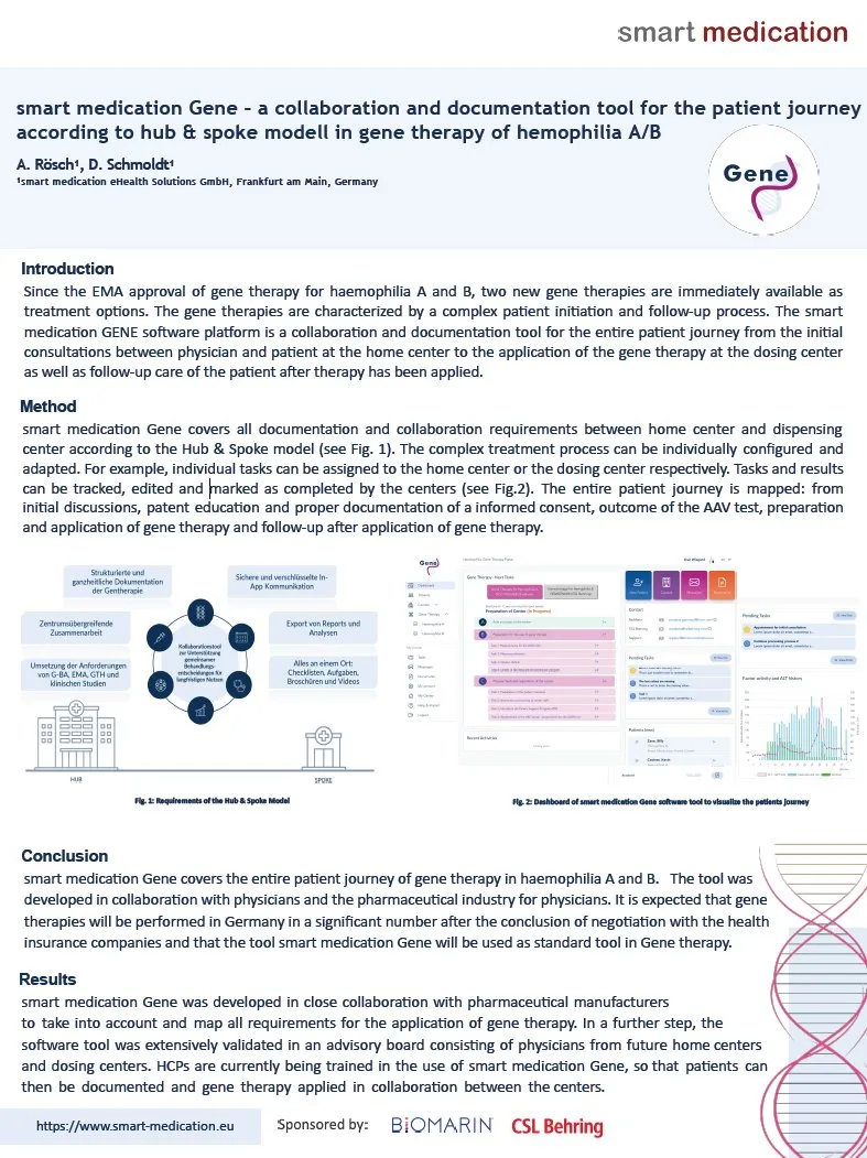 Poster „smart medication Gene – a collaboration and documentation tool for the patient journey according to hub & spoke model in gene therapy of hemophilia A/B“, vorgestellt auf der ISTH 2024 in Bangkok