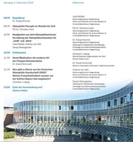 Program of the patient day on November 9, 2019, in Regensburg: list of talks from 9:30 a.m. to 12:00 p.m. and list of speakers, with a photo of the university hospital below