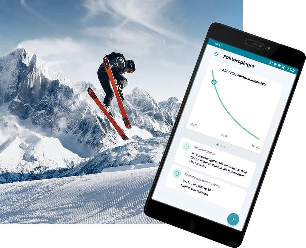 Mockup: skier mid-jump in front of snow-covered mountains, in front of it a smartphone with the myWAPPS “factor level” view and a declining curve at 50 percent