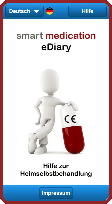 App view: smart medication eDiary start screen with language selection, logo and the button “Help with home self-treatment”