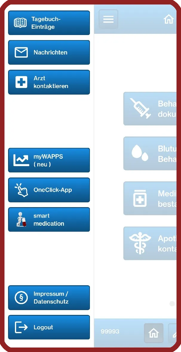 App view: open eDiary side menu with the entries diary entries, messages, contact physician, myWAPPS and OneClick app