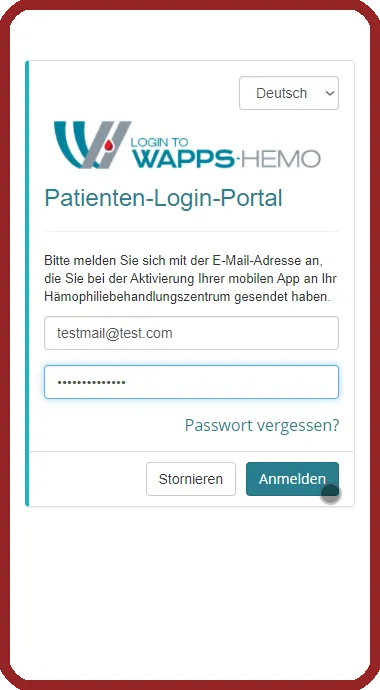 App view: login page of the WAPPS-HEMO patient portal with fields for e-mail address and password