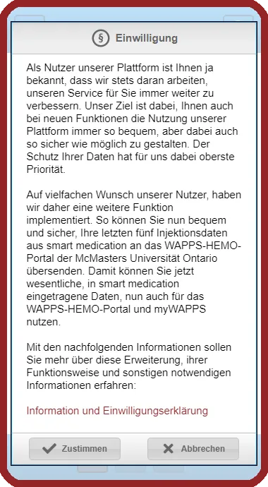 App view: “Consent” dialog with explanatory text on transmitting the last five injection records and the buttons Agree and Cancel