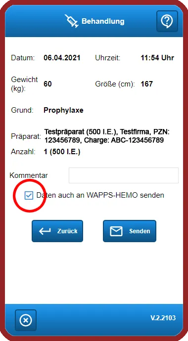 App view: “Treatment” form with the highlighted checkbox “Also send data to WAPPS-HEMO”