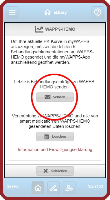 App view: “WAPPS-HEMO” dialog noting that the last five treatment records will be sent, with the highlighted “Send” button