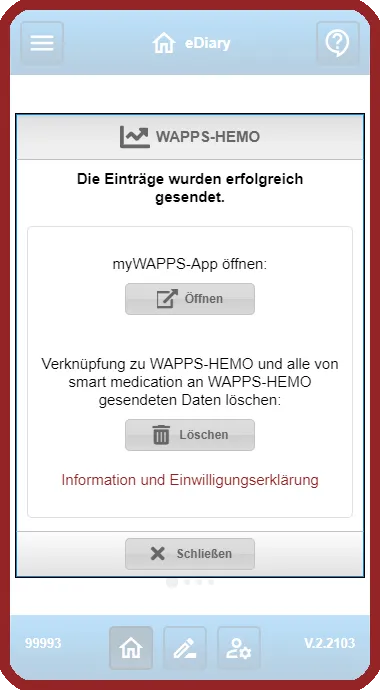 App view: confirmation “The entries were sent successfully” with the “Open” button
