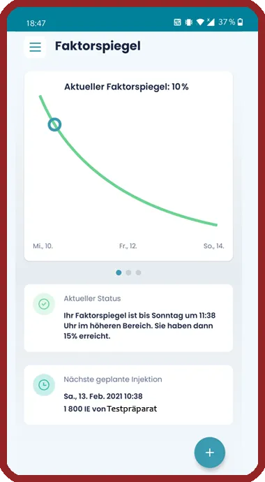 App view: myWAPPS showing the factor level curve with a current value of 10 percent and the next scheduled injection