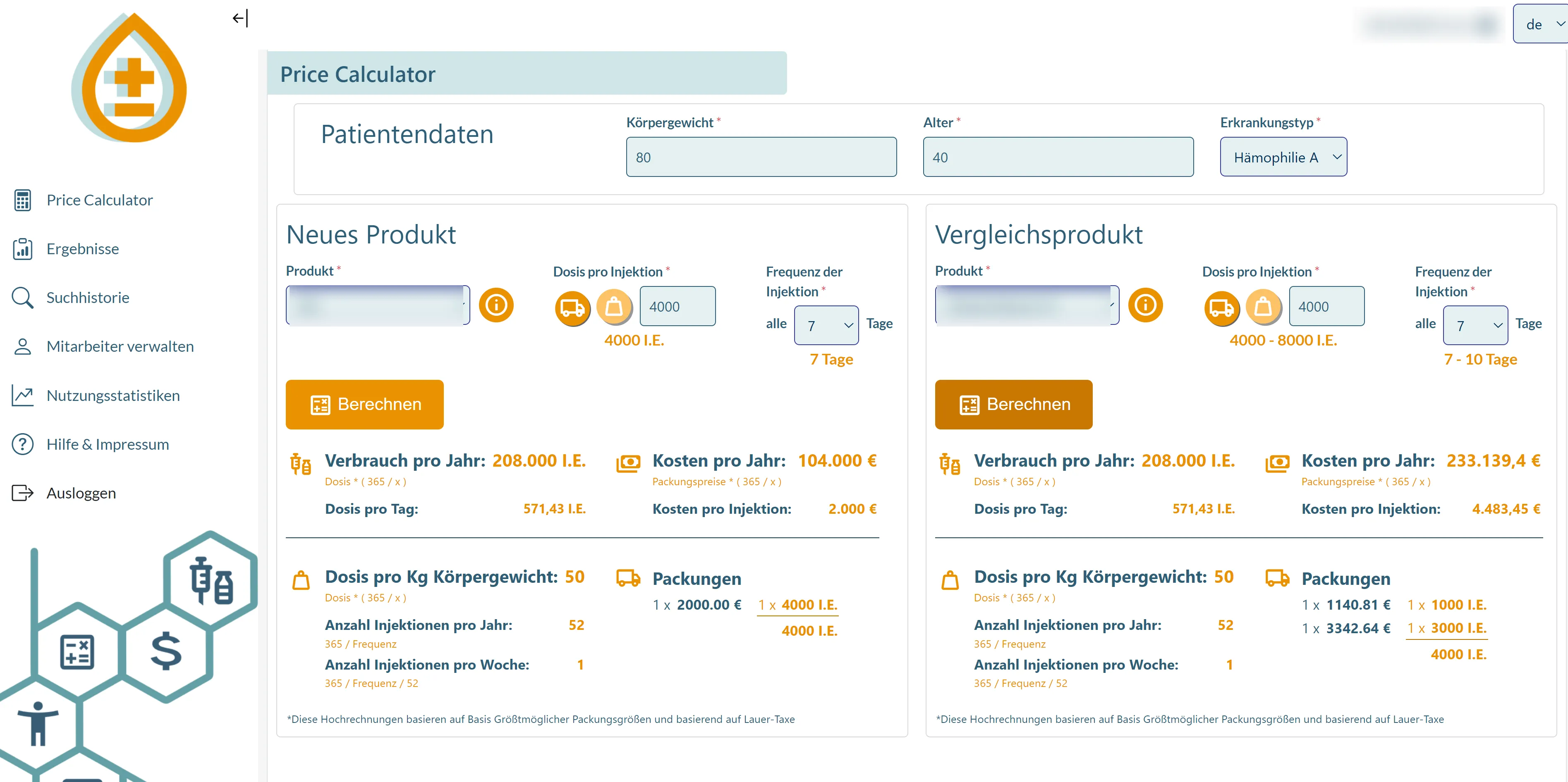 Kalkulationsansicht des Price Calculators: Eingabefelder für Körpergewicht, Alter und Erkrankungstyp, daneben zwei Vergleichsspalten mit berechnetem Verbrauch und Kosten pro Jahr
