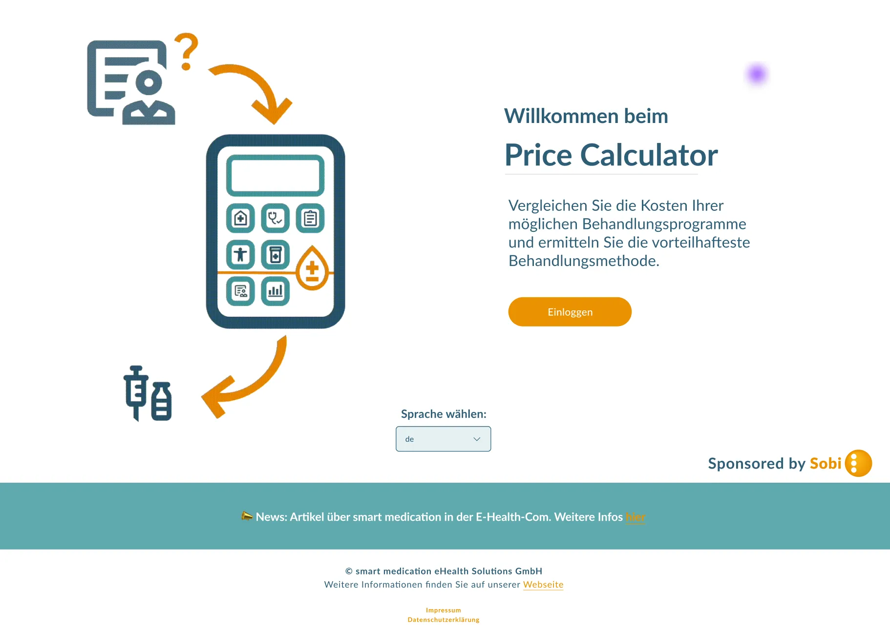 Startbildschirm des Price Calculators: Illustration eines Taschenrechners zwischen Arztbericht und Spritze, daneben der Text „Vergleichen Sie die Kosten Ihrer möglichen Behandlungsprogramme und ermitteln Sie die vorteilhafteste Behandlungsmethode“