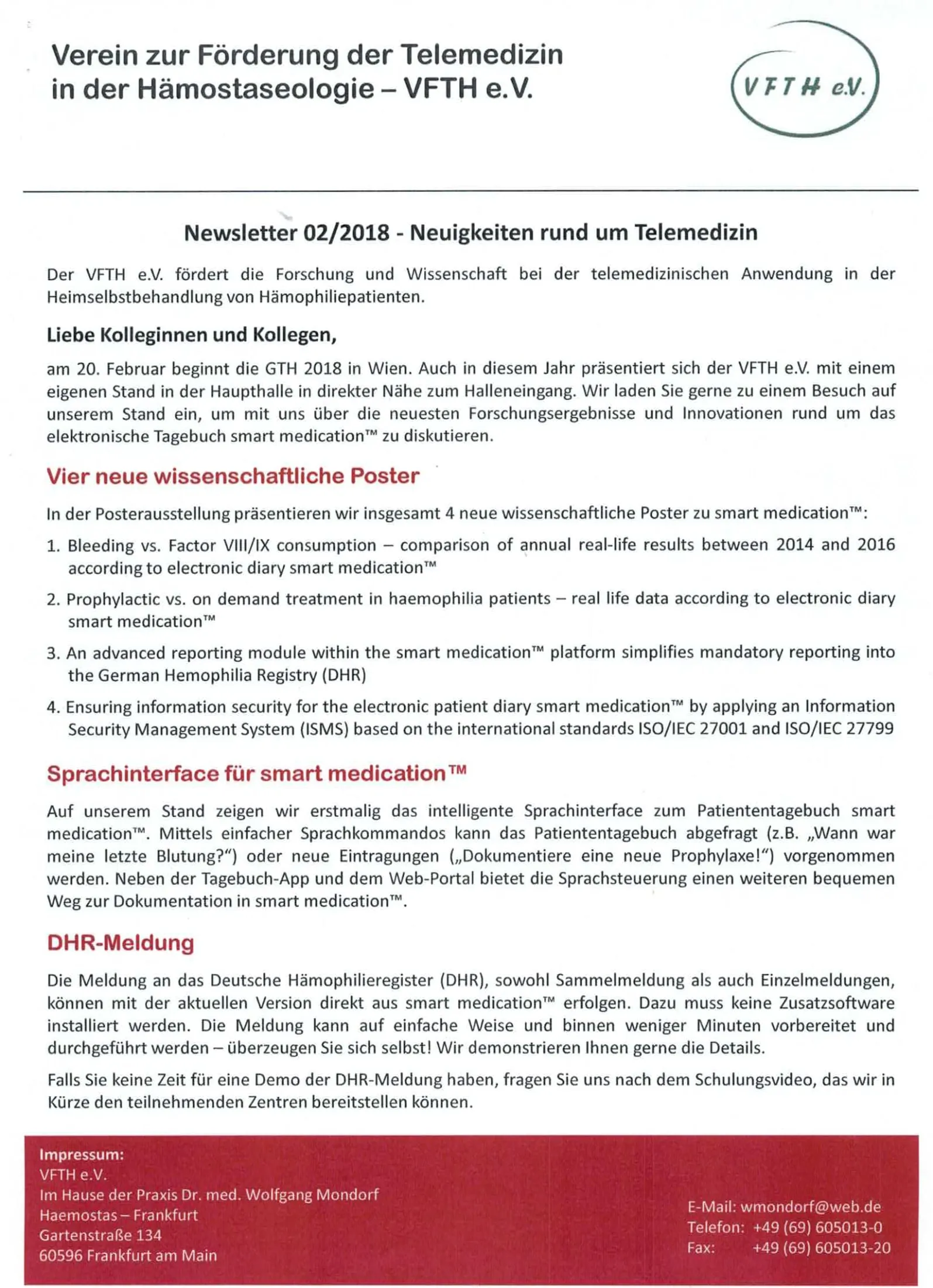 First page of the newsletter 02/2018 “Neuigkeiten rund um Telemedizin,” published by the Verein zur Förderung der Telemedizin in der Hämostaseologie (VFTH e.V.)
