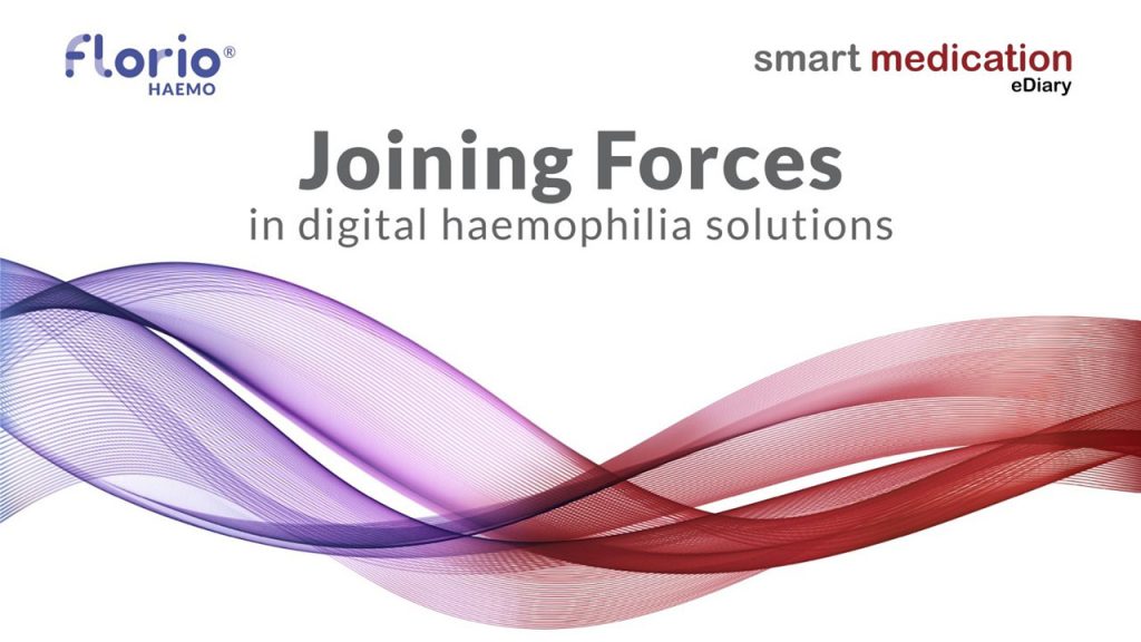 Beitragsbild zum Blogeintrag: Loos von florio HAEMO und smart medication eDiary oben, der Schriftzug "Joining Forces in Digital Haemophilia Solutions" darunter, eine verbindende Wellenlinie